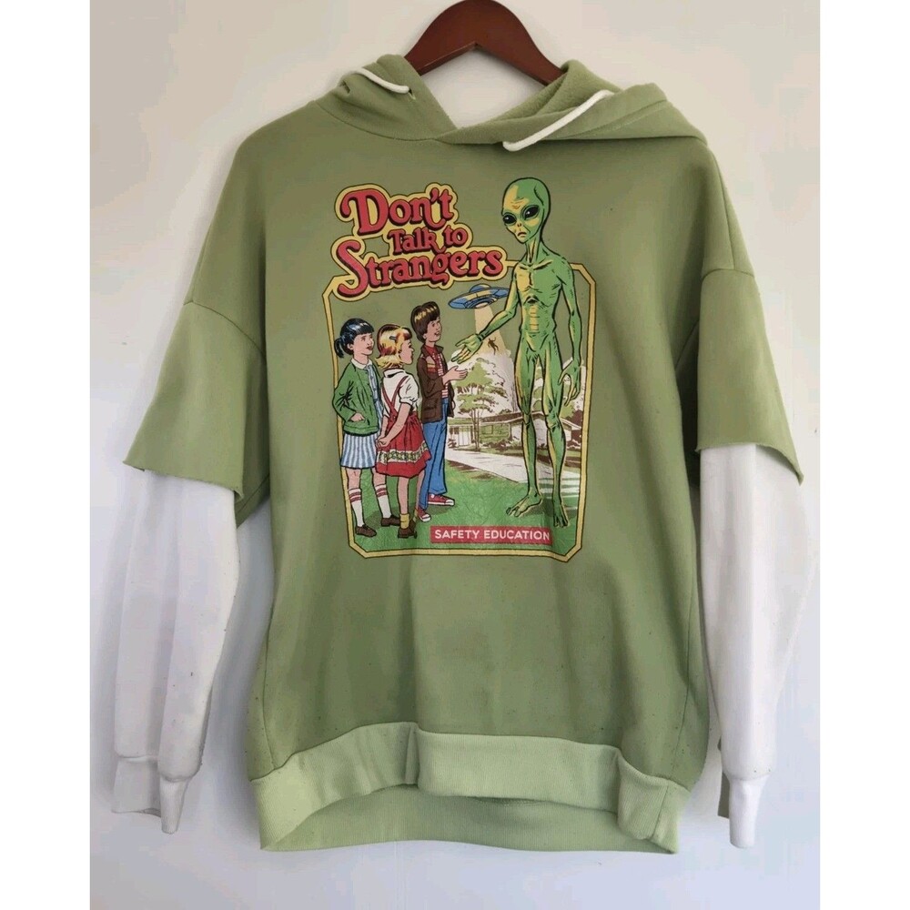 Romwe Hoodie Mens XS Green Ovesized Baggy Retro Don't Talk To Strangers